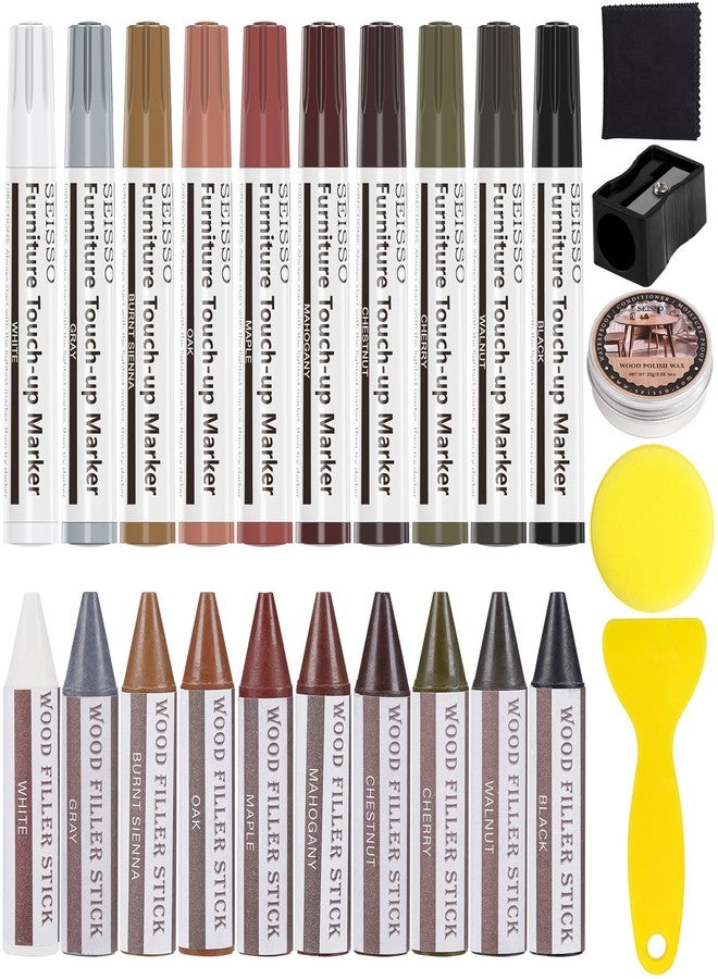 SEISSO Furniture Markers Touch Up, 25 Pcs Wood Furniture Repair Kits, Wood Markers and Wax Sticks with Wax Oil for Scratches Stains Cover-Ups Hardwood Wooden Floors Tables Cabinet Bedposts - Image 1
